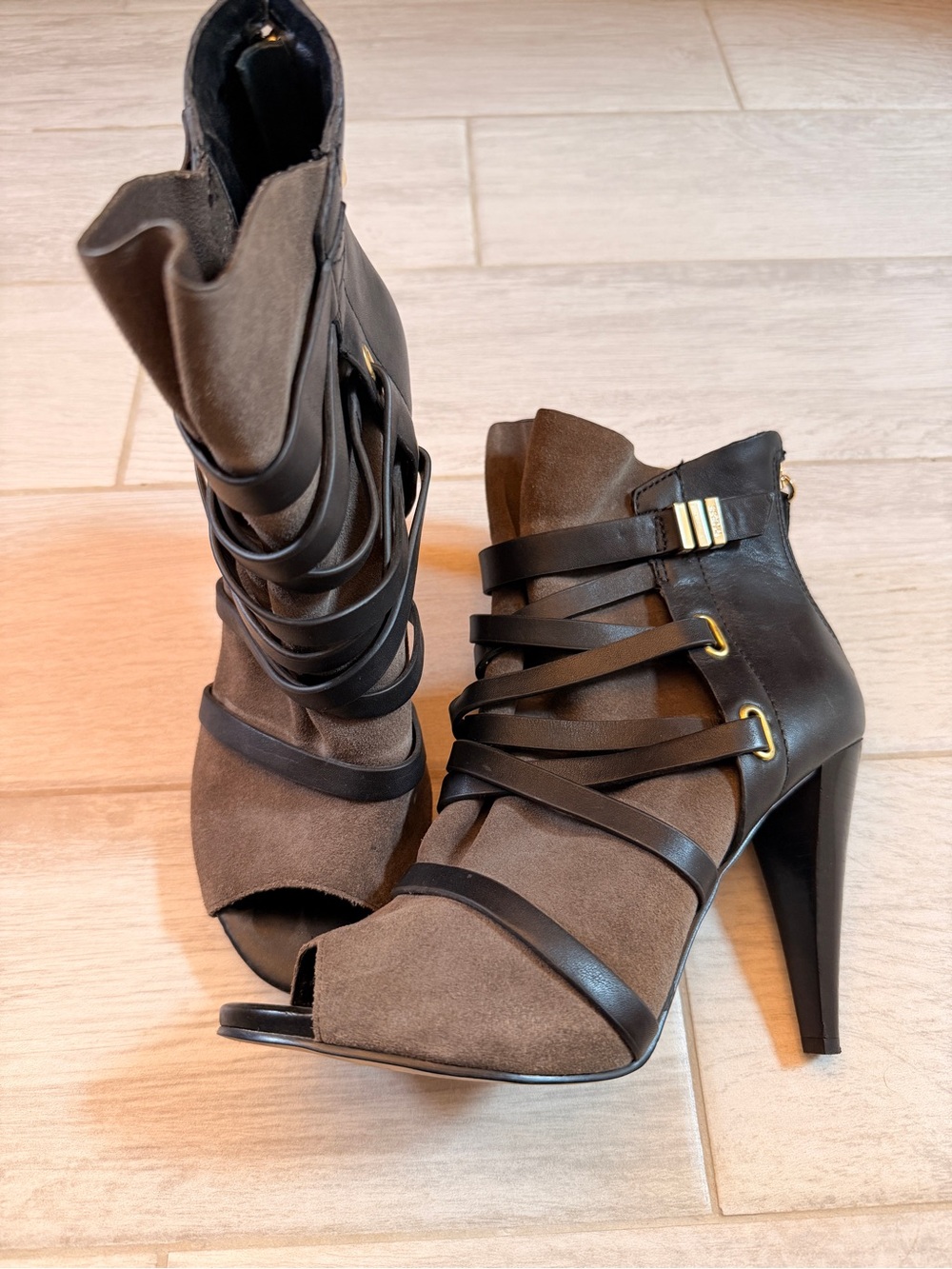 Guess Brown/Gray and Black Suede Peep-Toe Strappy High Heel Booties